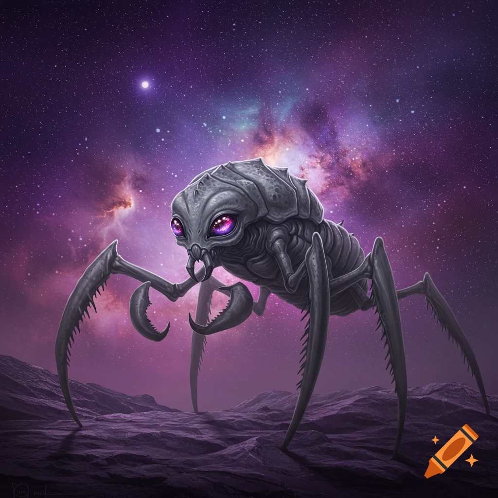 A grey, insectoid alien creature with purple eyes stands on a rocky surface under a starry purple galaxy.