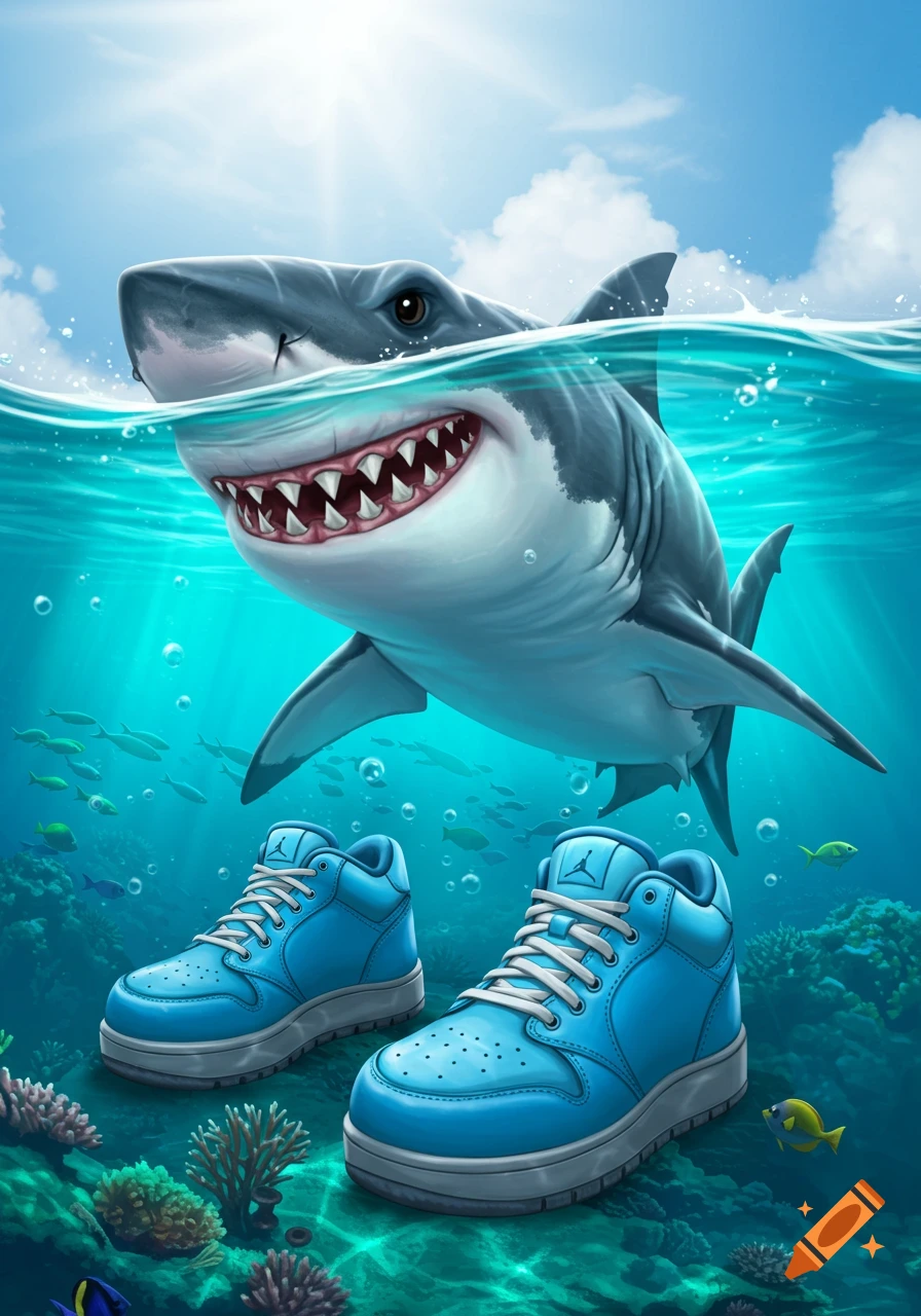 Illustration of a cartoon shark swimming underwater above two blue sneakers on the coral reef.