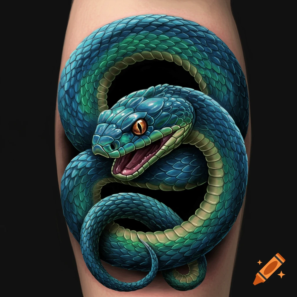 Realistic tattoo of a blue and green snake coiled on skin.