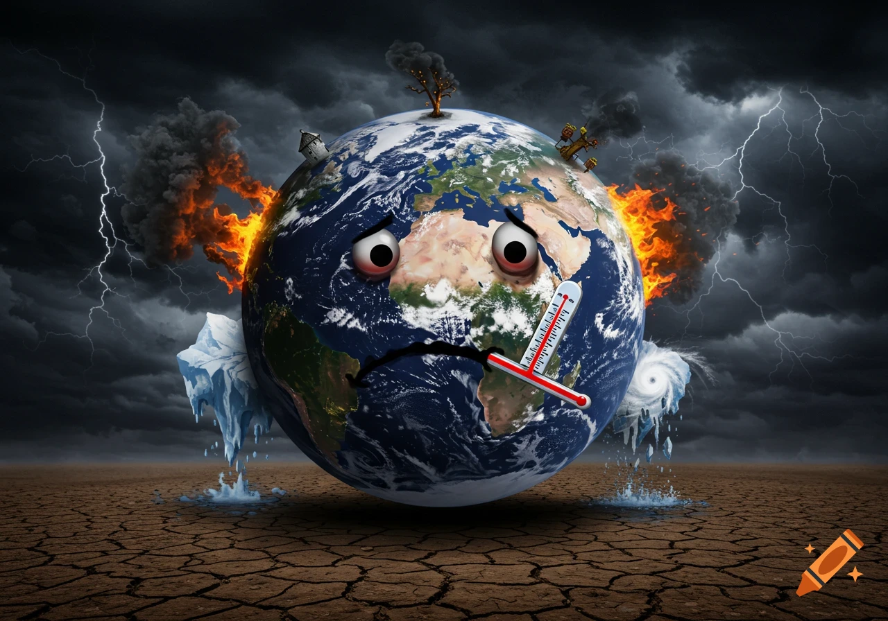 Illustration of sad Earth character with thermometer surrounded by climate disasters like fire, melting ice, hurricane, and drought.