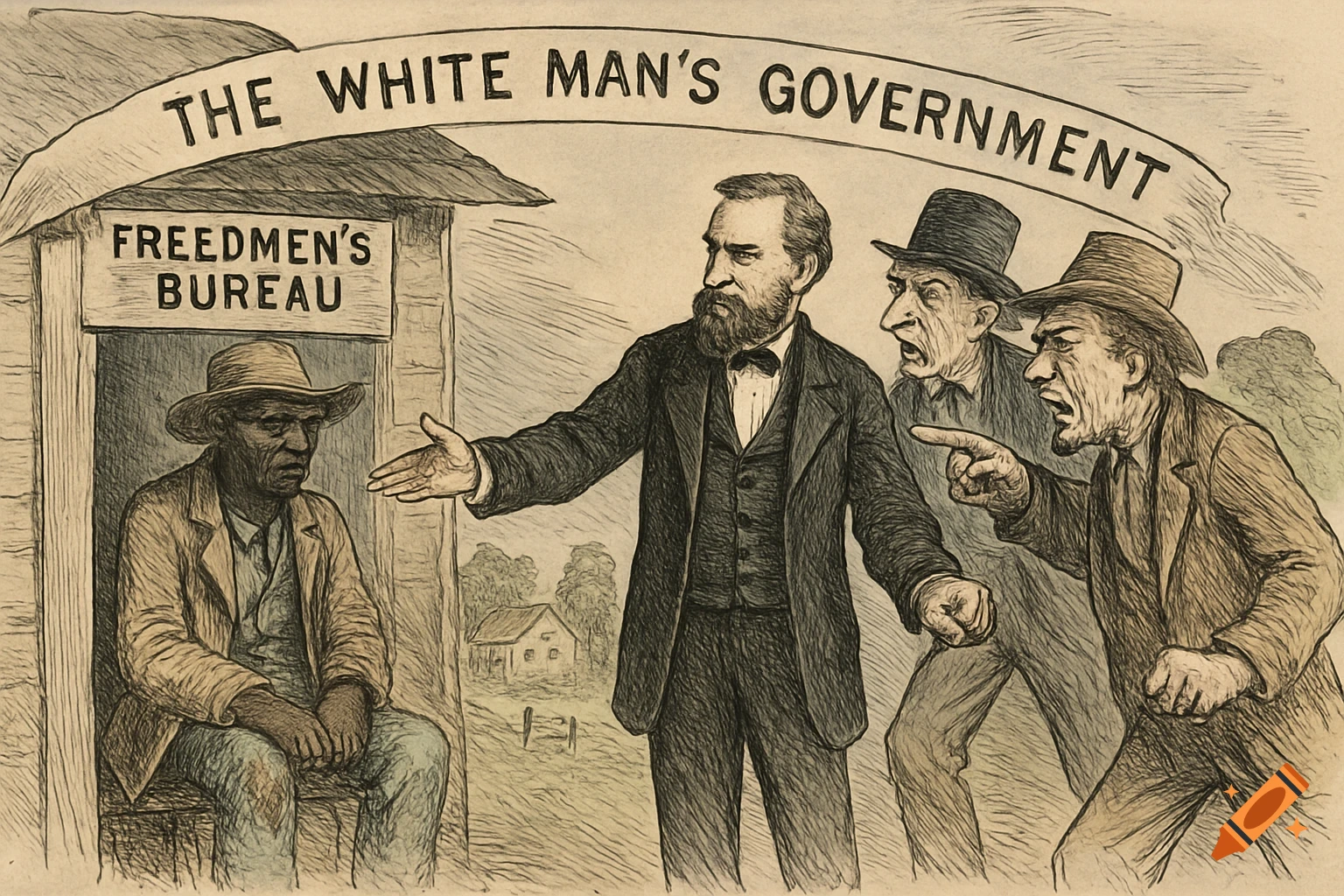 Political cartoon showing a Black man at the Freedmen's Bureau and white men under banner 'The White Man's Government'