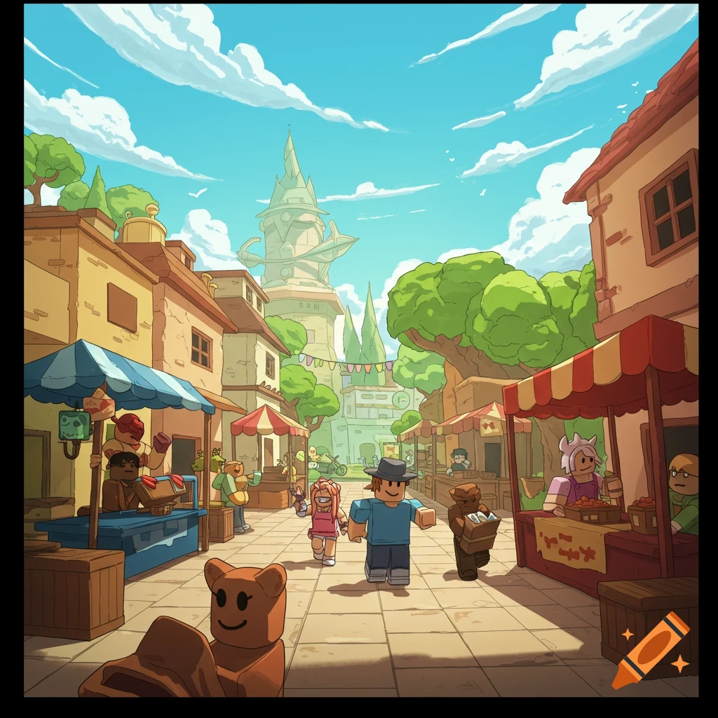 A market in a town square with blocky characters in a cartoon style.