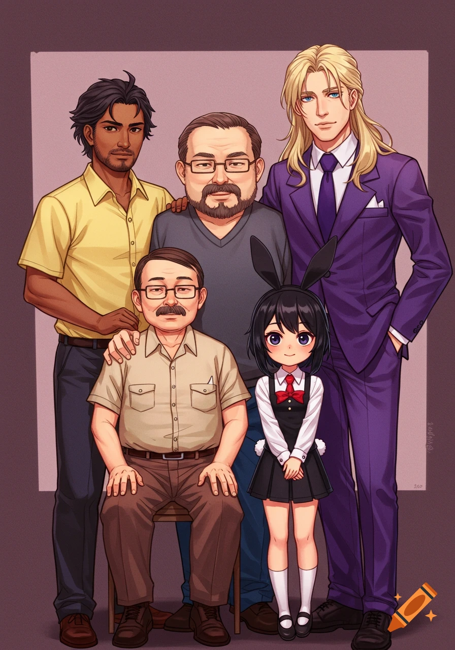 Anime style group portrait of four men and one small girl with bunny ears.