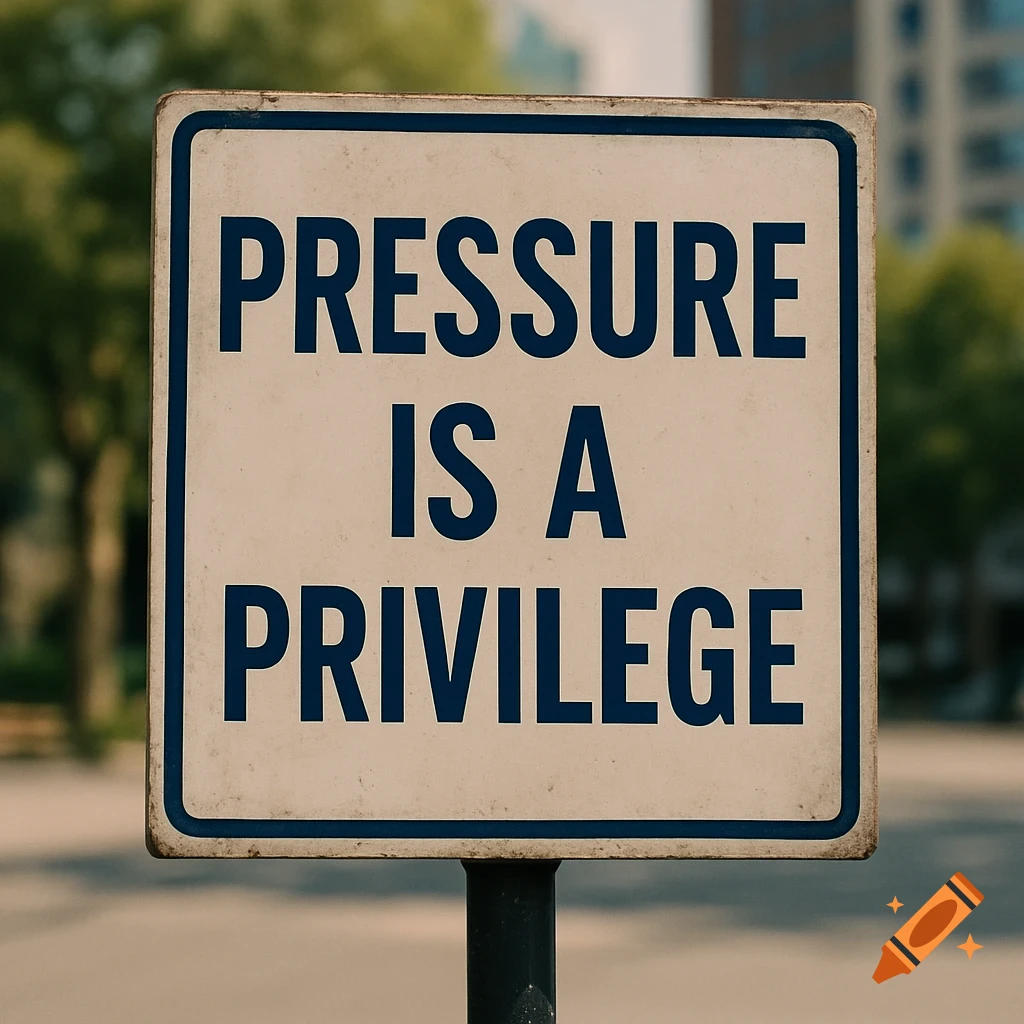 A sign in a park reads 'PRESSURE IS A PRIVILEGE'.
