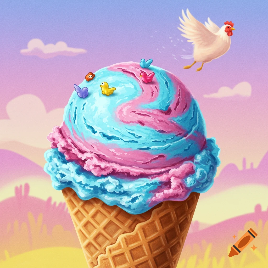 Cartoon illustration of chicken flying over a large pink and blue swirled ice cream cone with tiny figures.