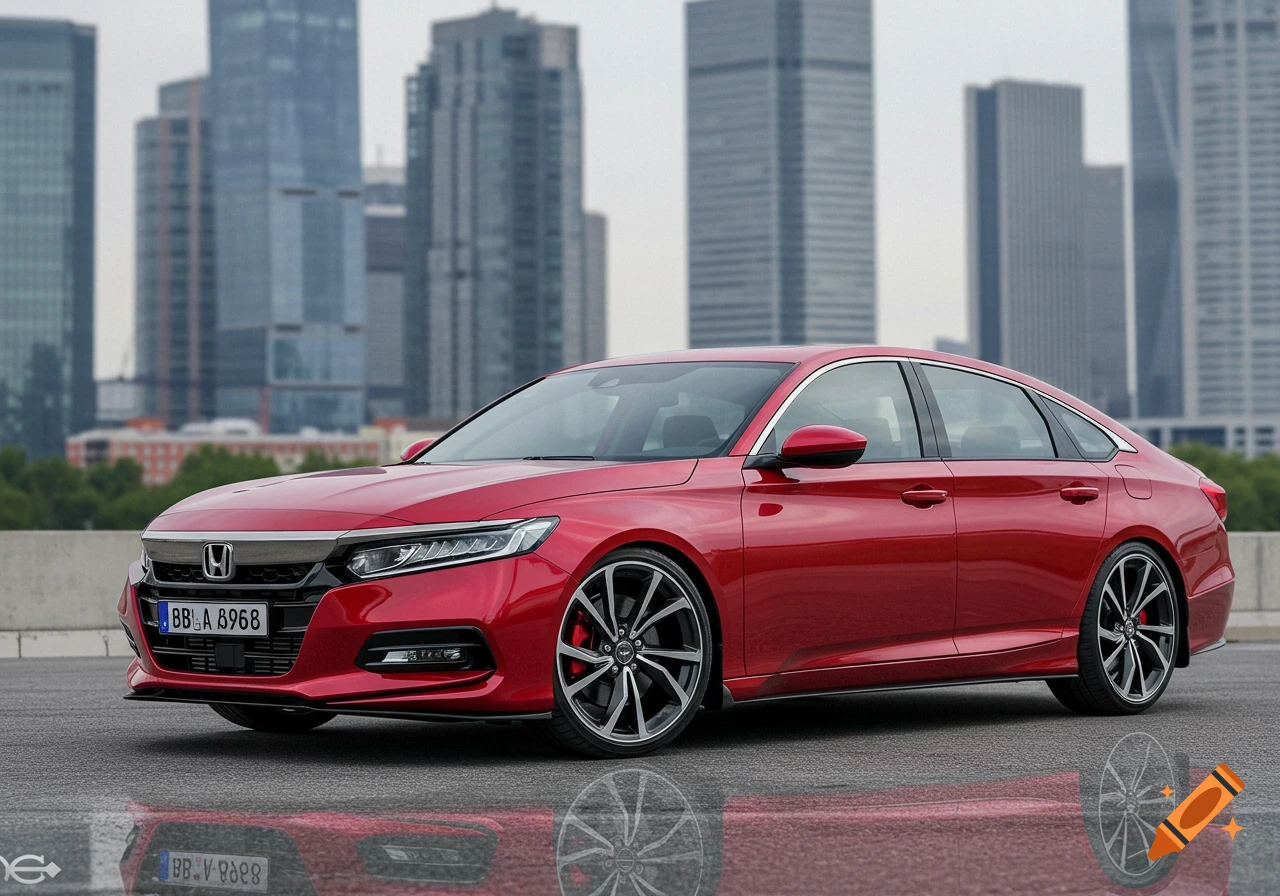 Red Honda Accord parked in front of a city skyline.