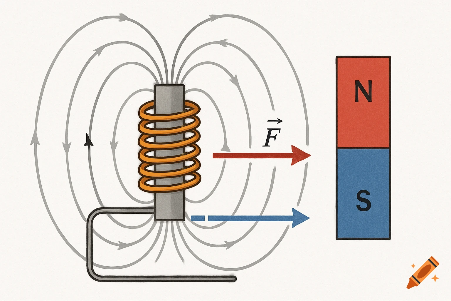Physics diagram of an electromagnet and bar magnet with magnetic field lines and a force vector.