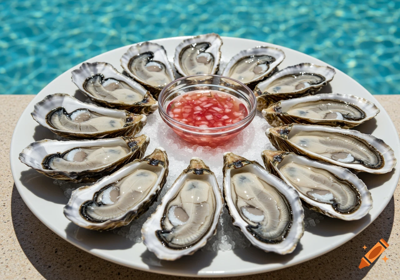A plate of fresh oysters on the half shell with mignonette sauce on ice by a pool.