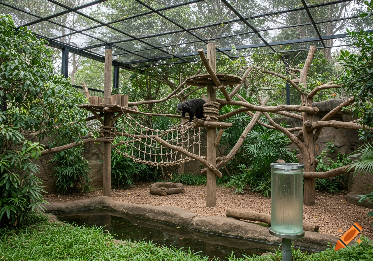 A binturong perches on a log in a zoo enclosure with trees, ropes, a pool, and a metal ceiling.