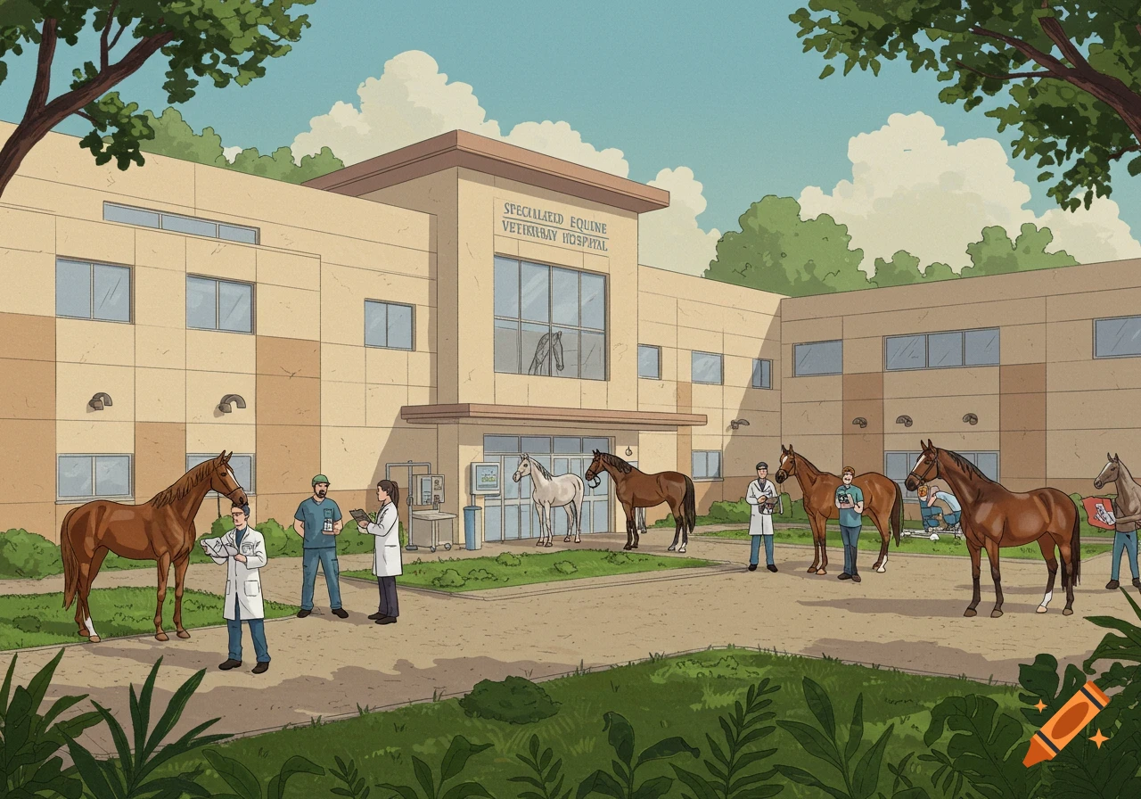 Illustration of a veterinary hospital with horses and people outside.