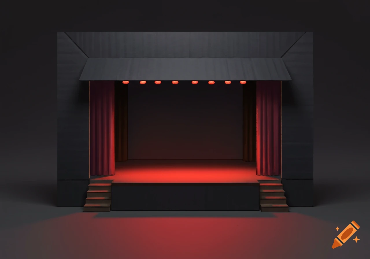 A miniature stage made of cardboard boxes with red lighting and red curtains.