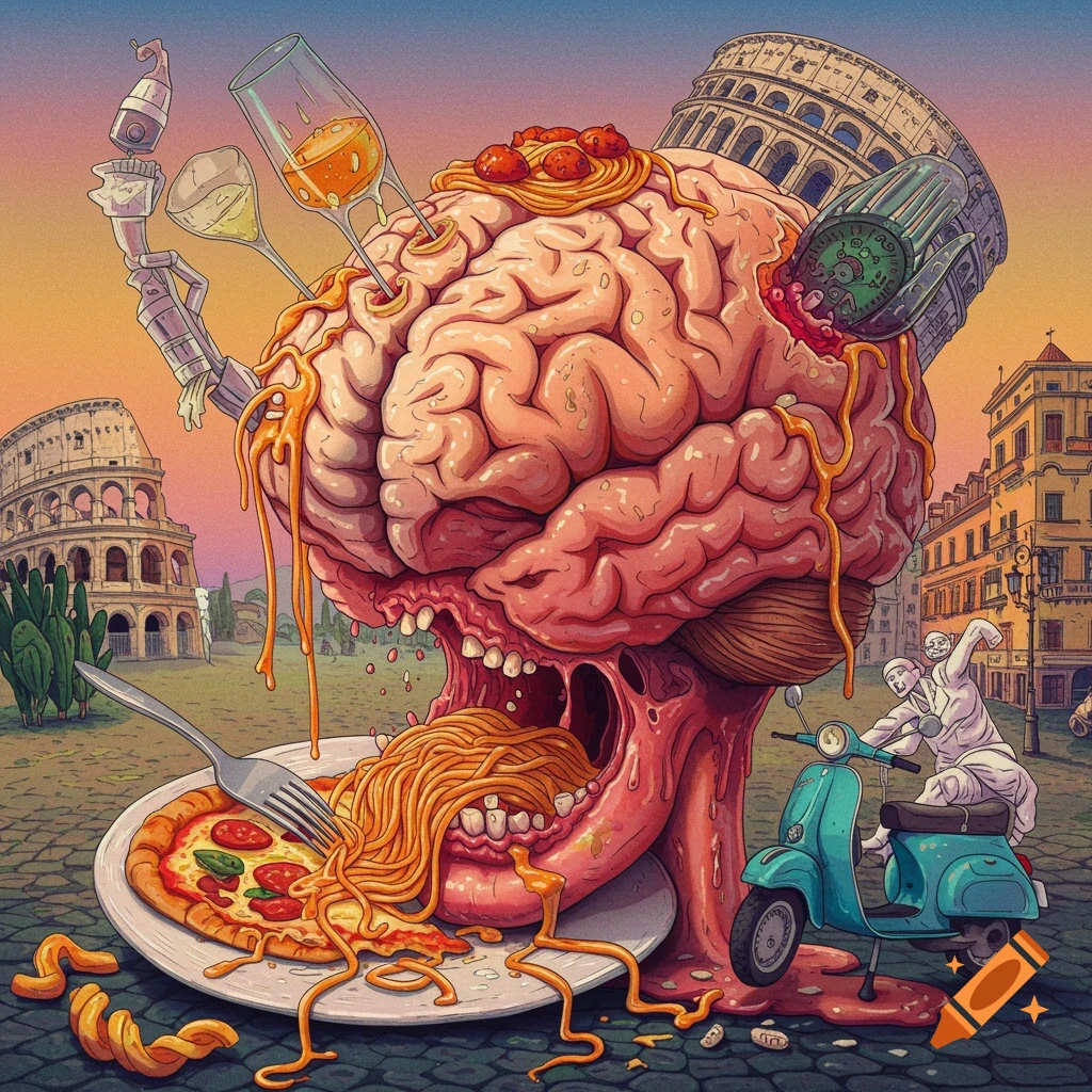 Surreal illustration of a brain creature eating spaghetti from a pizza plate, with the Colosseum and Italian street scene in the background.