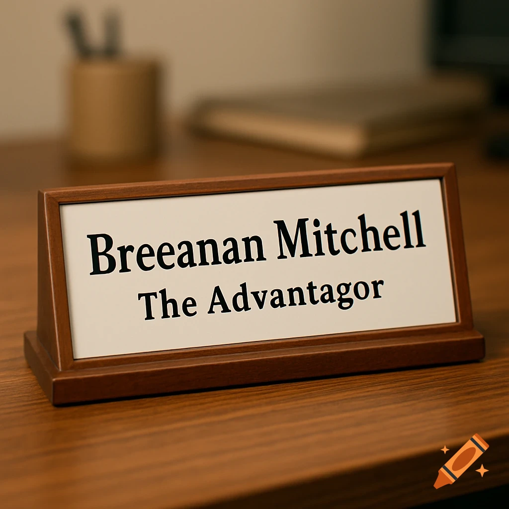 A photorealistic image of a wooden desk name plate reading 'Breeanan Mitchell The Advantagor'.
