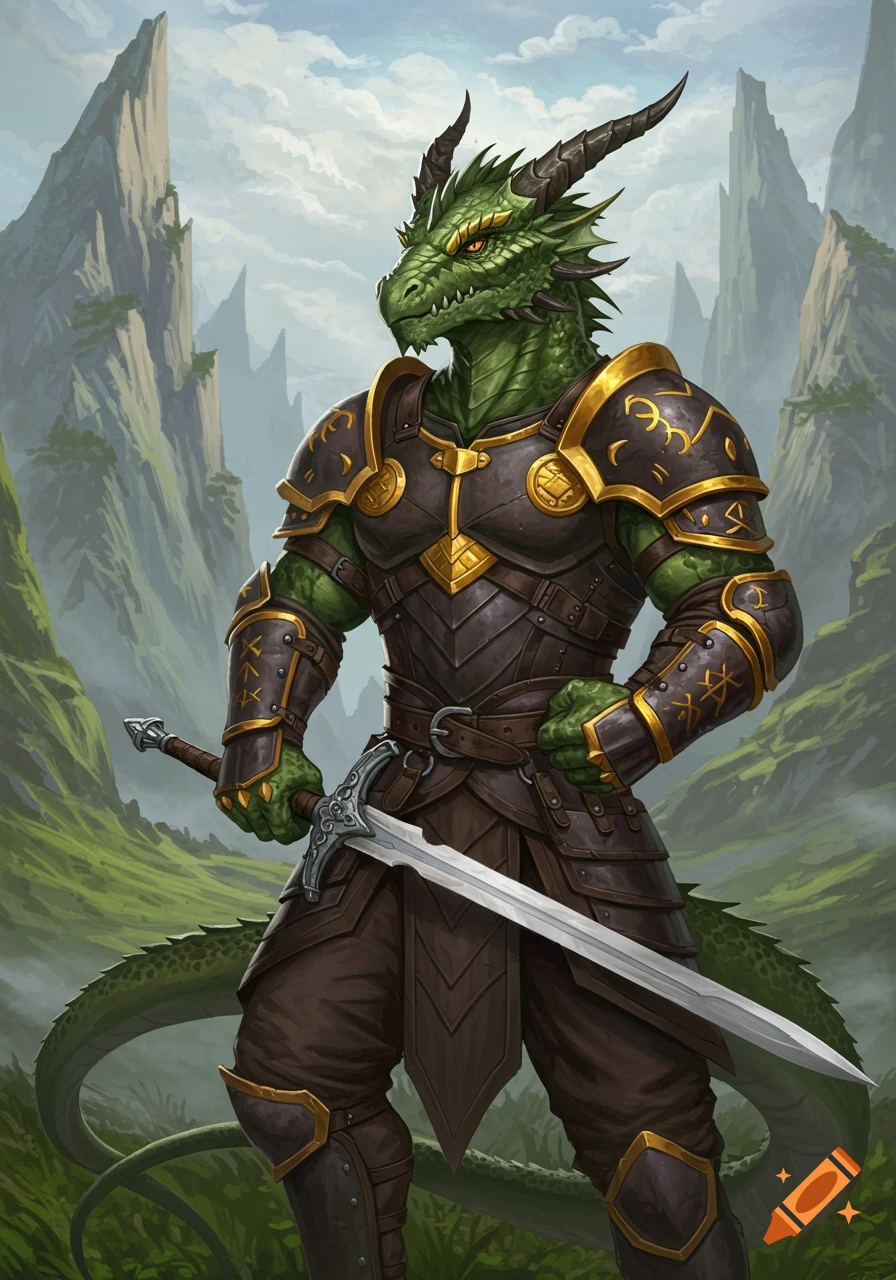 A green dragonborn warrior in armor holds a sword in a fantasy landscape.