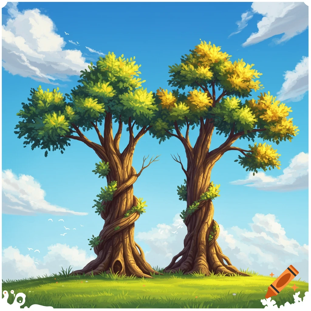 Two large, twisted trees with green and yellow foliage on a grassy hill under a blue sky, in an illustrative style.