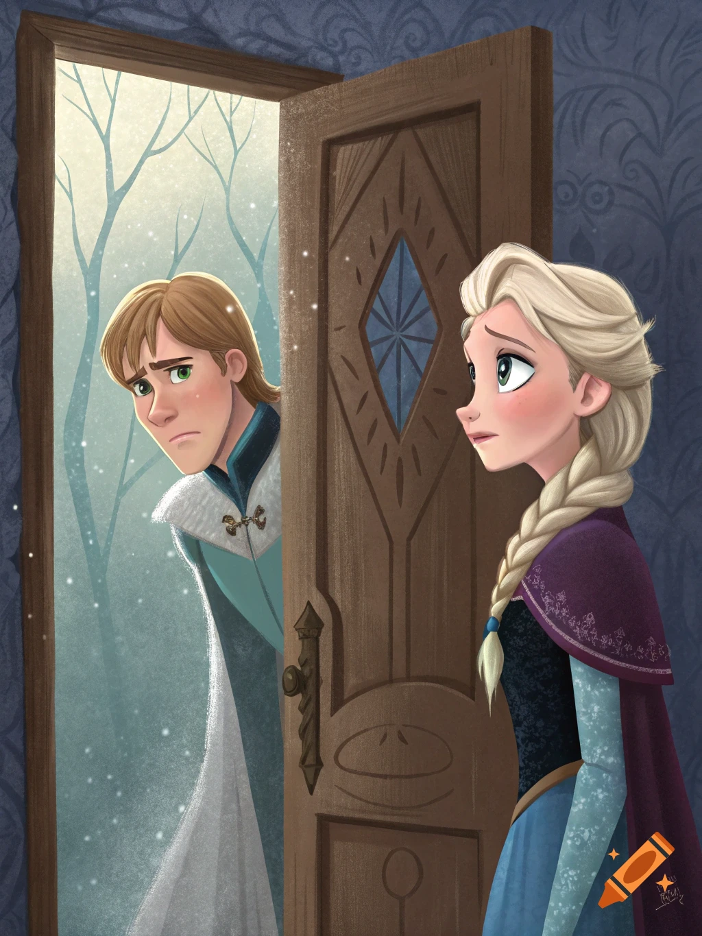 Illustration of Kristoff looking through an open door at a sad Elsa.
