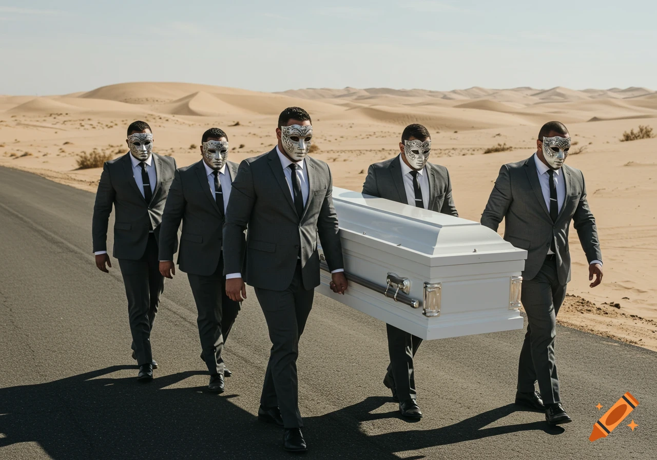 Five men in suits and masks carry a white coffin down a road through a desert landscape.