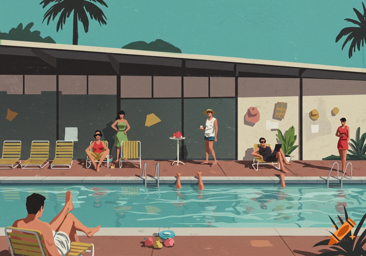 An illustration of people relaxing by a pool in a mid-century modern style.