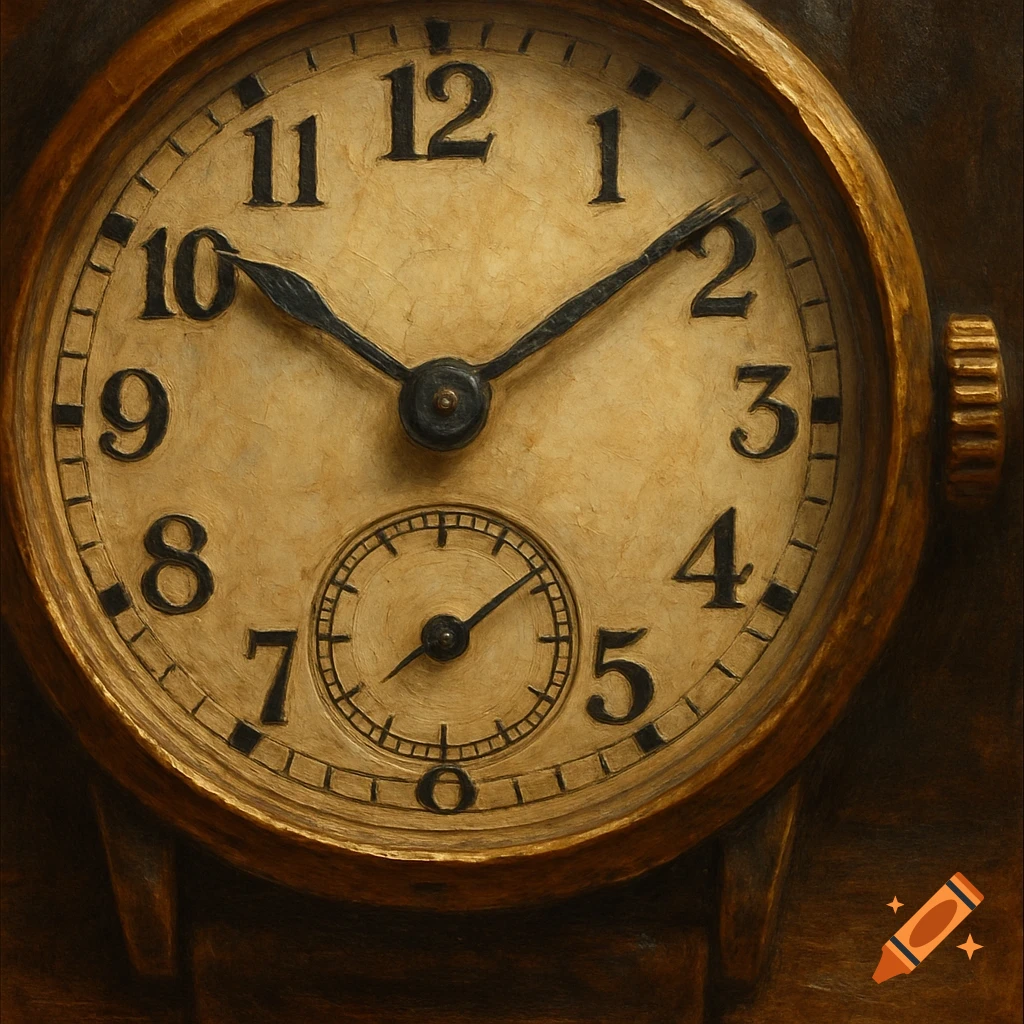 Close-up of an old watch face with numbers and hands, textured painting style.