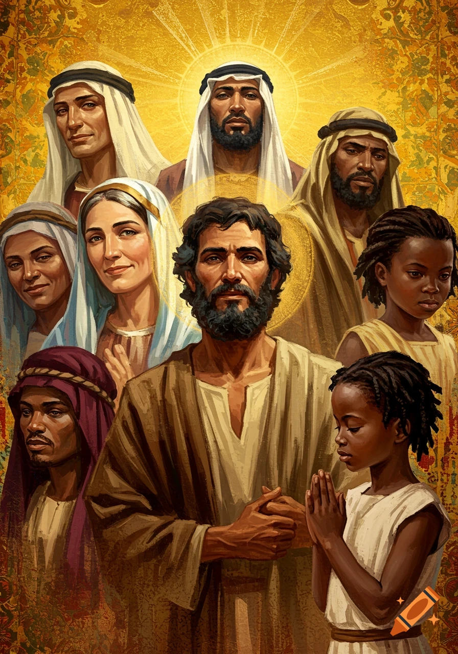 Illustrated group portrait of biblical or historical figures from various ages and ethnicities