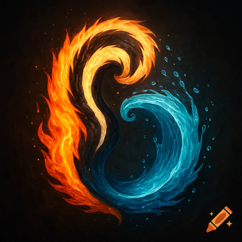 An intertwined symbol of flowing orange fire and splashing blue water on a dark background.
