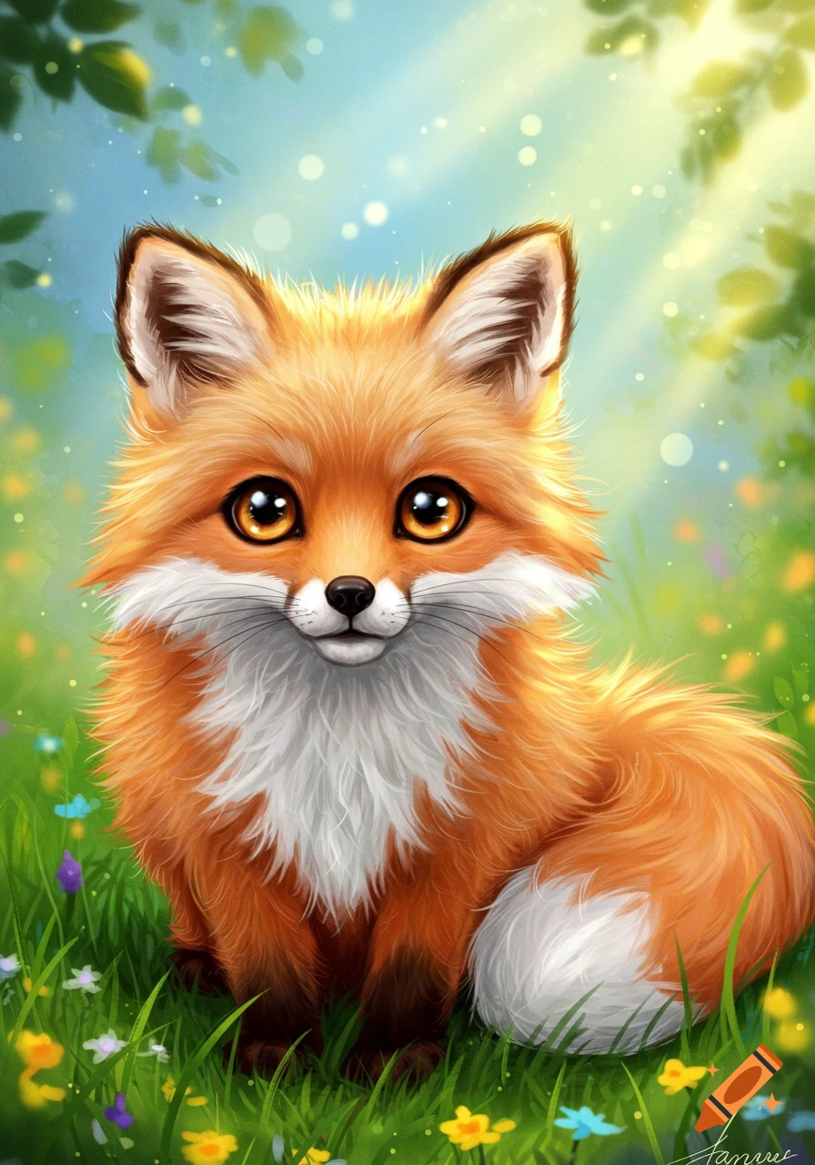A cute illustrated fox sits in a grassy field filled with flowers.