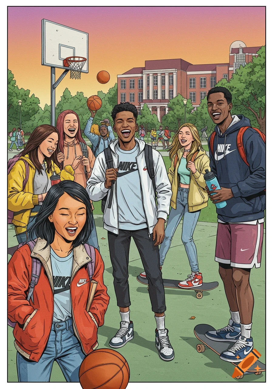 Comic illustration of college students playing basketball and skateboarding on campus.