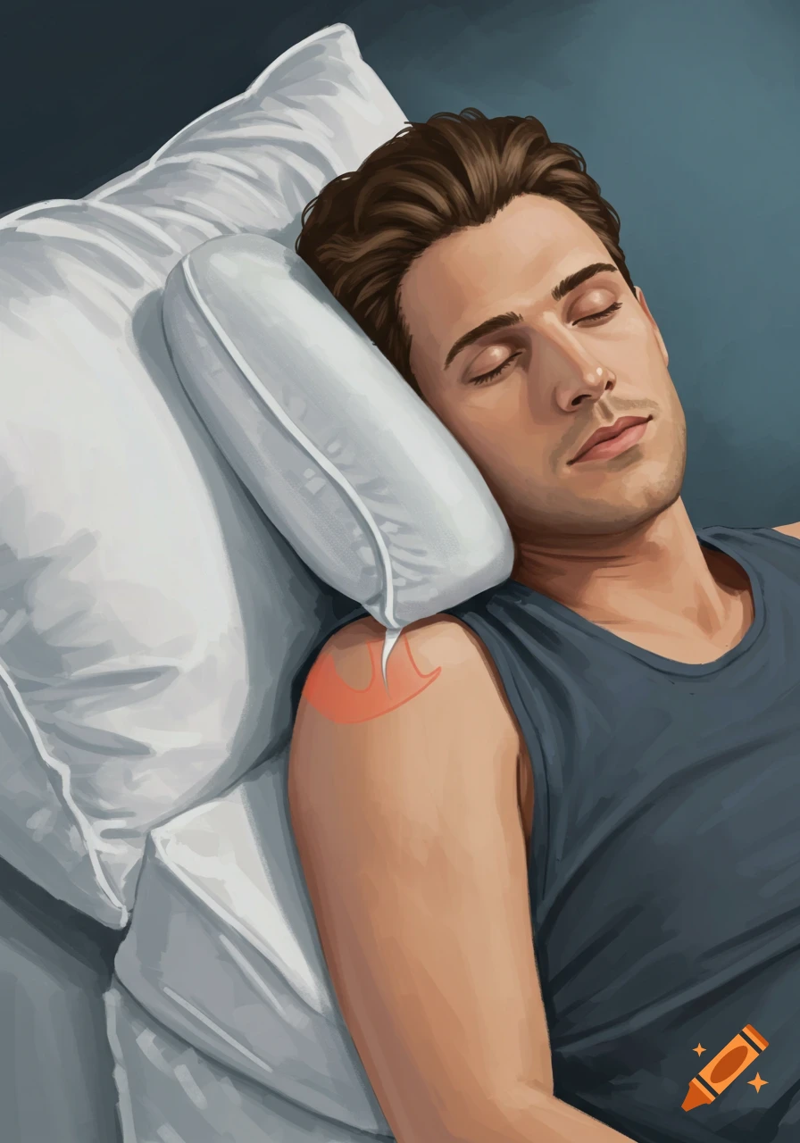 Painted portrait of a man sleeping with his head on a pillow