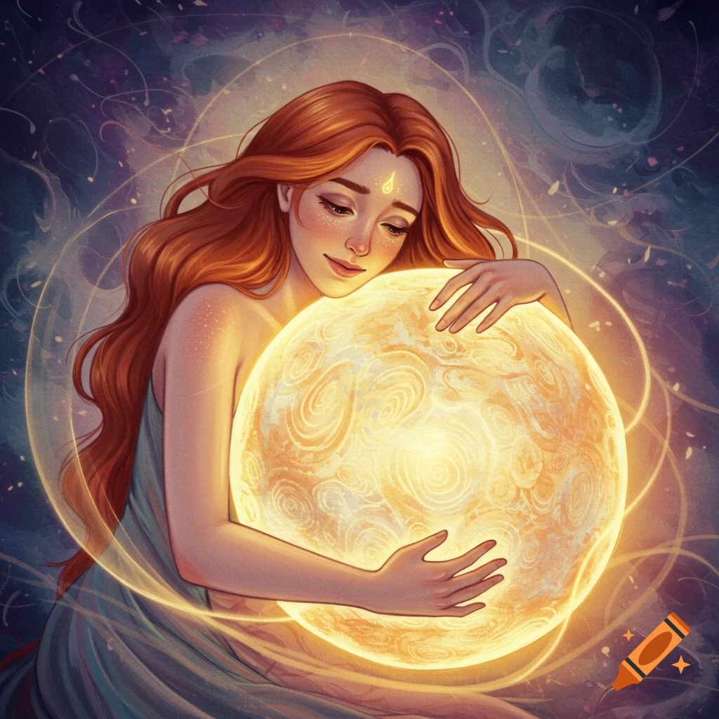 A woman holds a glowing sphere in a cosmic setting.