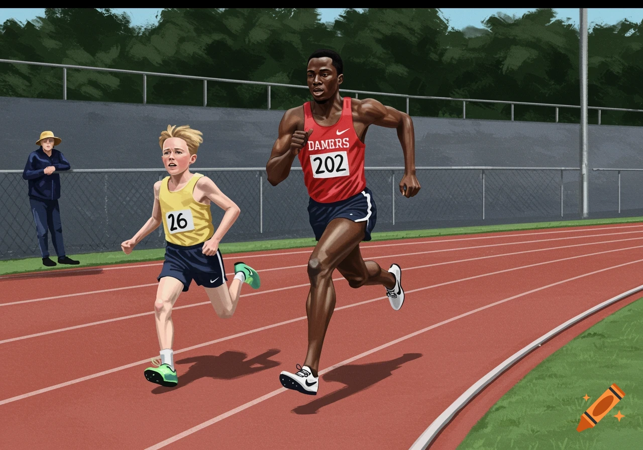 Black man and young white boy racing on a track, man is ahead, illustration style.