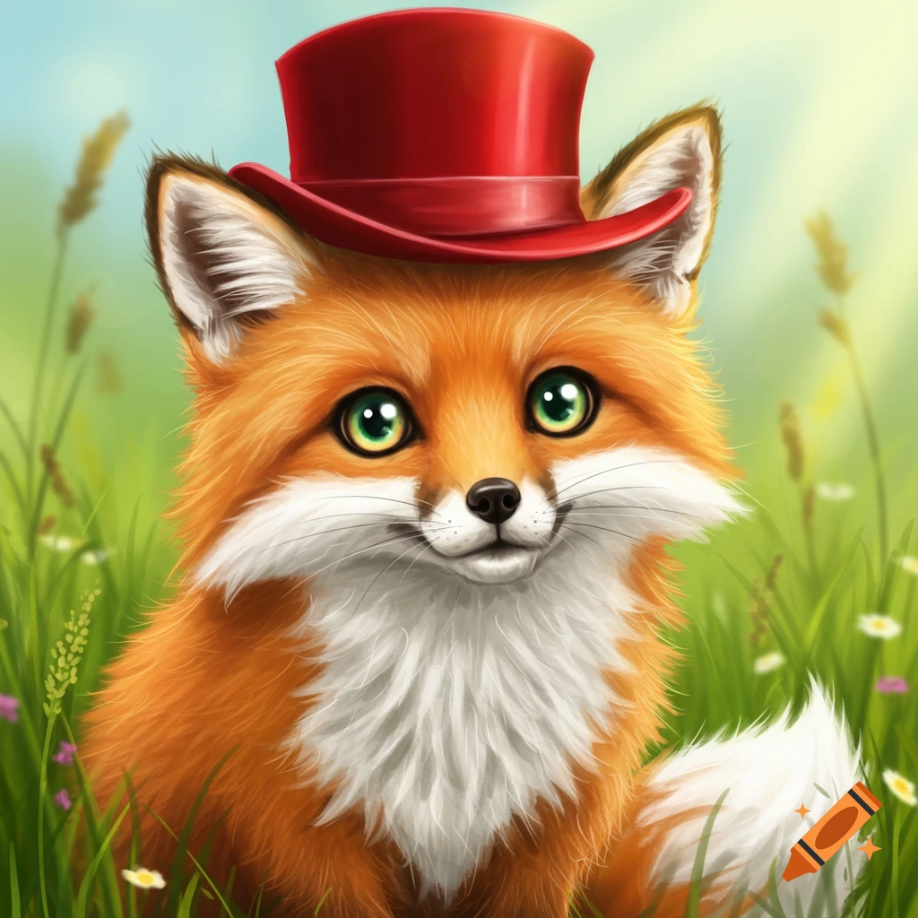 A cute cartoon fox wearing a red top hat sits in a field of green grass.