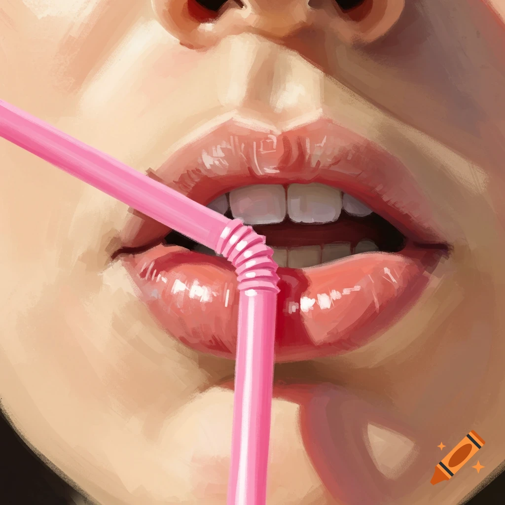 Close-up digital painting of glossy lips and a pink straw.