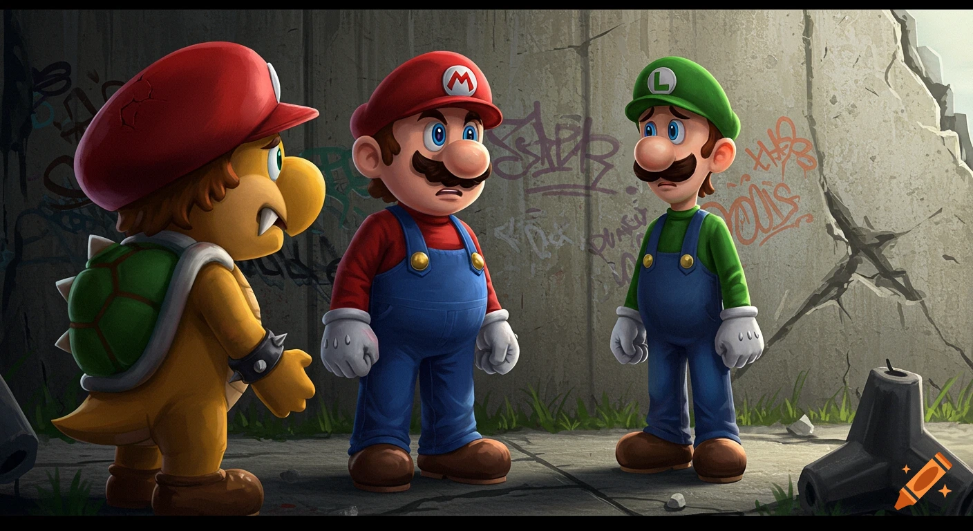 Mario, Luigi, and Koopa Troopa character stand before graffiti-covered wall