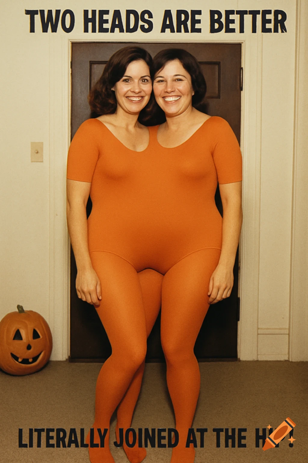 1970s photo of two women in an orange outfit creating a two-headed illusion for Halloween, standing by a jack-o'-lantern. Text says "Two heads are better" and "Literally joined at the hip!"