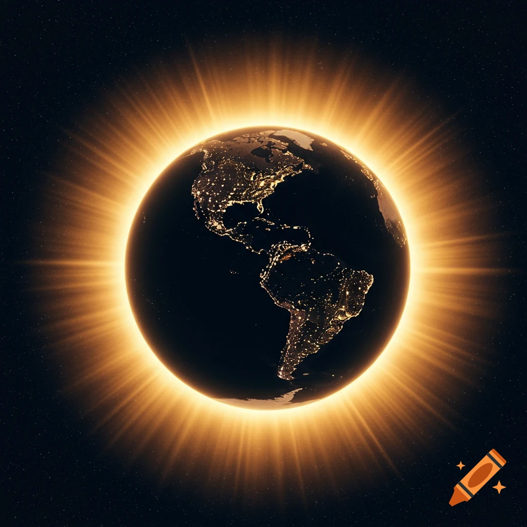 Earth from space with city lights and a warm glow