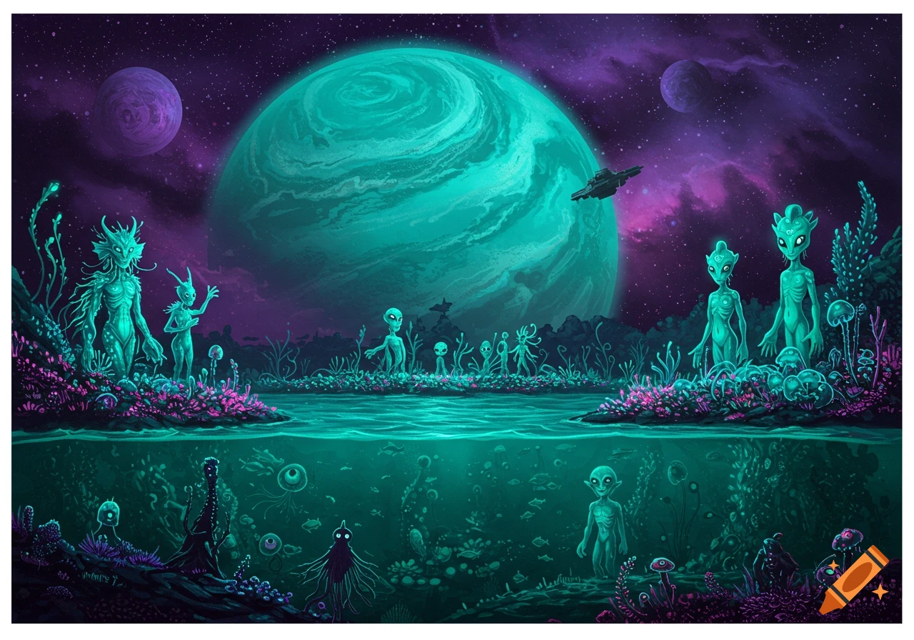 Digital illustration of an alien planet with alien figures in a water landscape, under and above the water, with large planets and a spaceship in the sky.