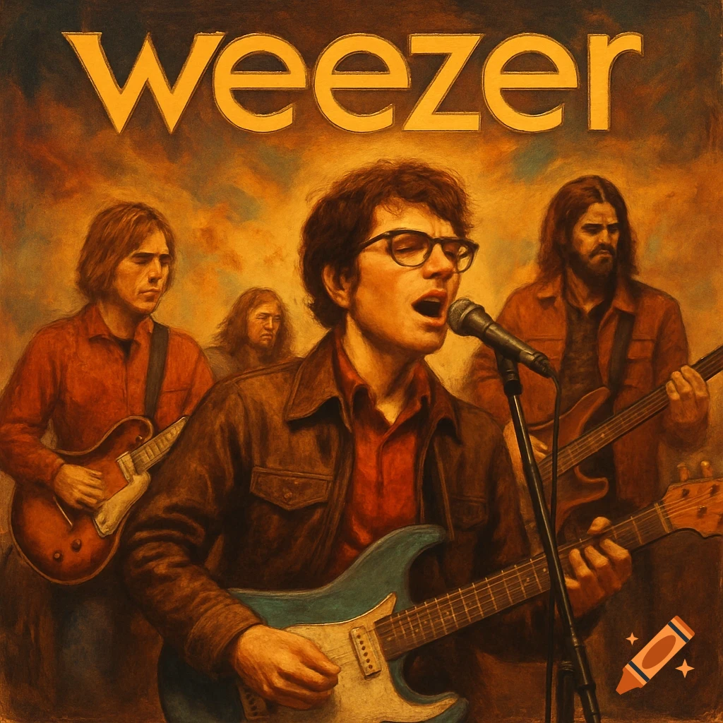 A band plays music, stylized like a 70s rock album cover with the word 'weezer' at the top.