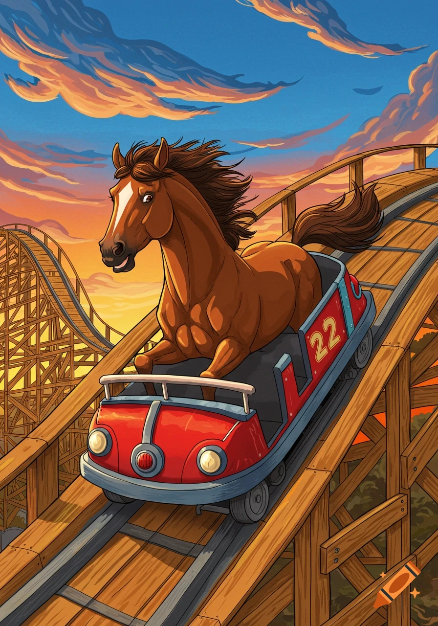 A cartoon horse rides a red rollercoaster car down a track at sunset ...