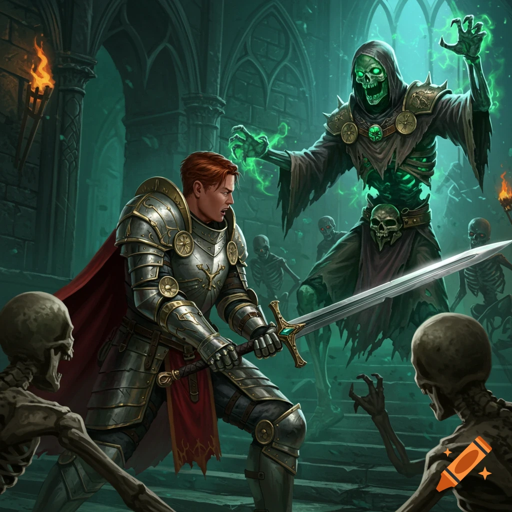 A knight battles a lich and skeletons in a dark fantasy dungeon setting.