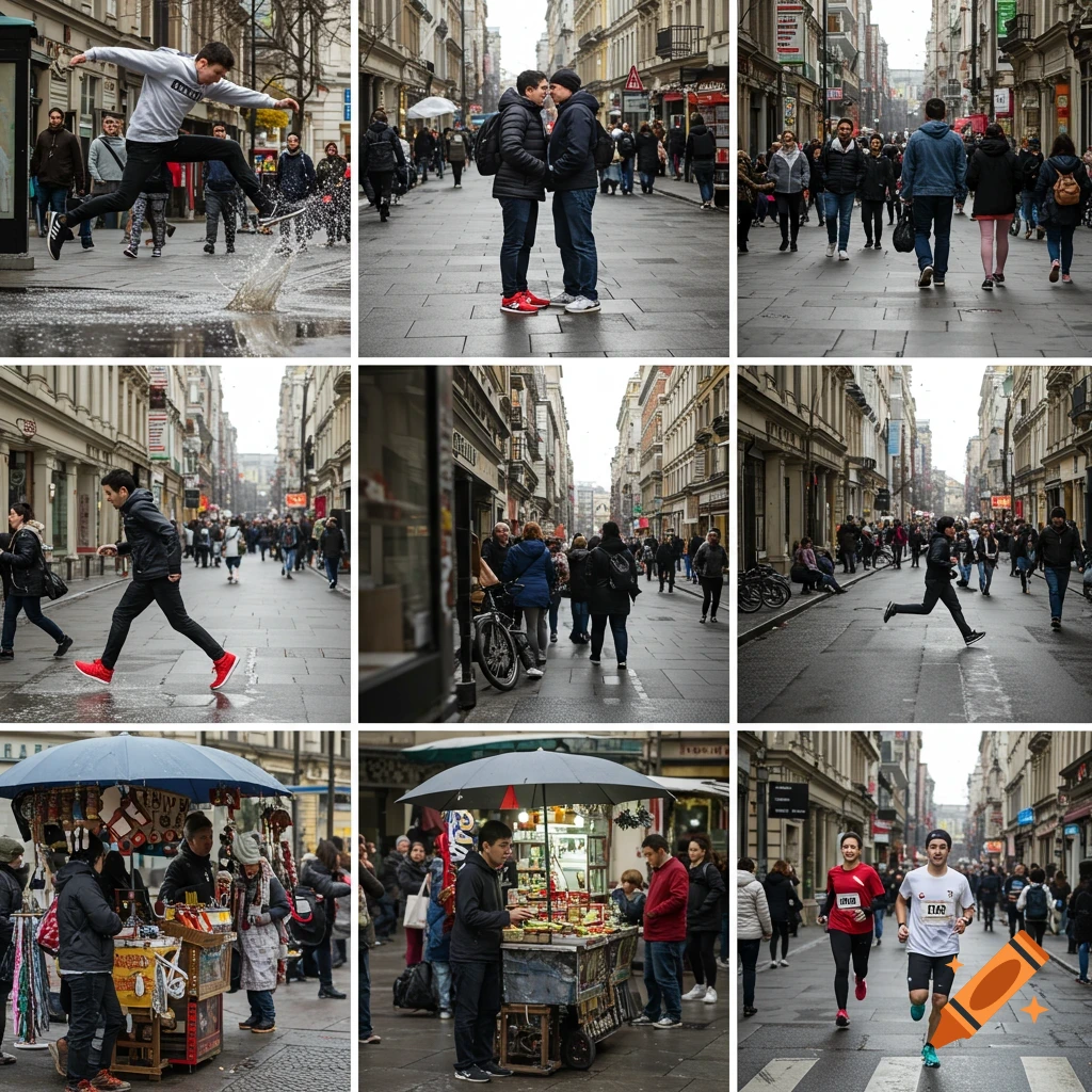 Grid of six street scenes showing diverse moments like jumping over water, a couple kissing, runners, and people walking or at stalls.