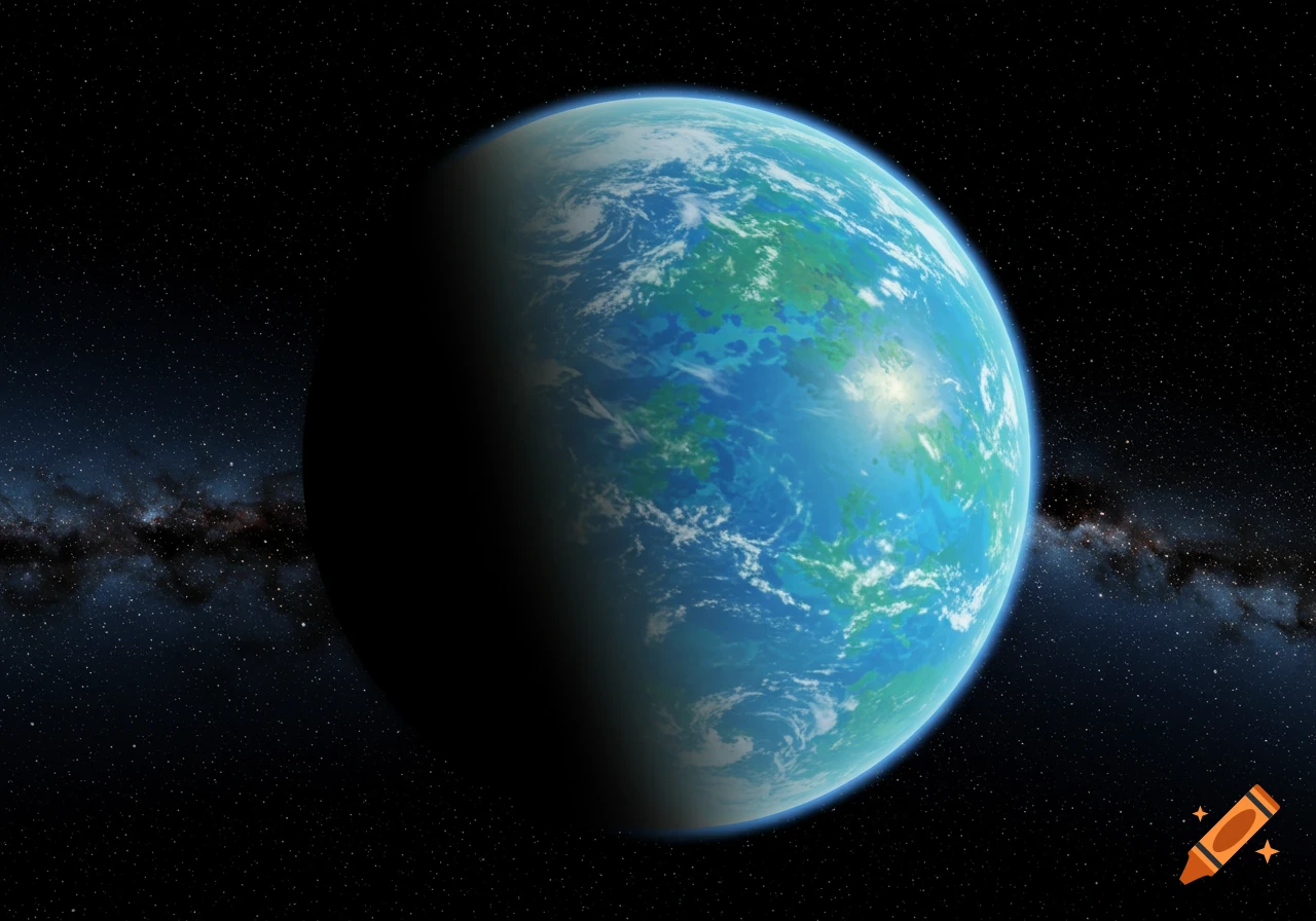 A blue and green planet seen from space with stars and a nebula.