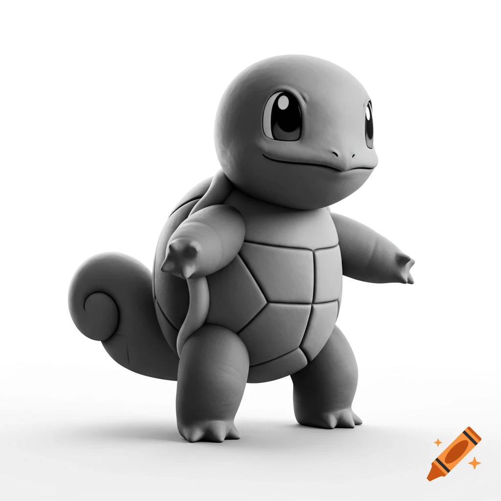 Grayscale 3D render of Squirtle the Pokemon.