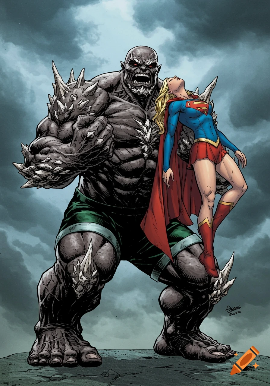 Comic book illustration of Doomsday holding an unconscious Supergirl