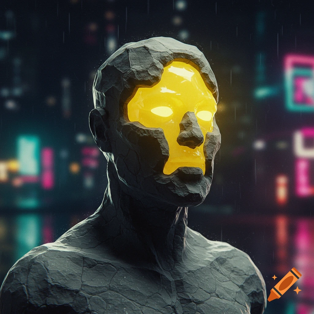A rocky humanoid figure with a glowing yellow face in a rainy city at night.