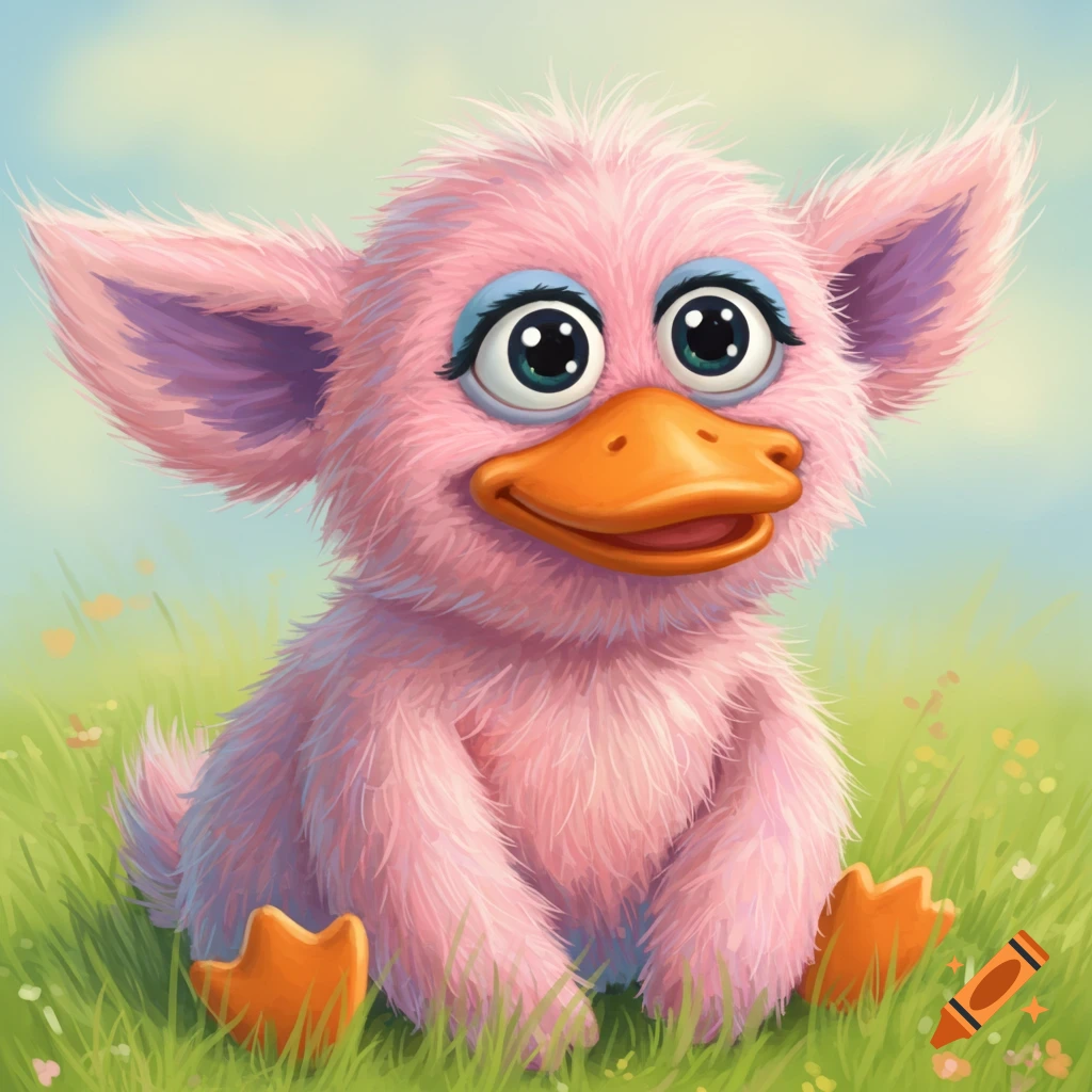 A fuzzy pink creature with big ears and a duck bill sits in green grass, digital illustration.