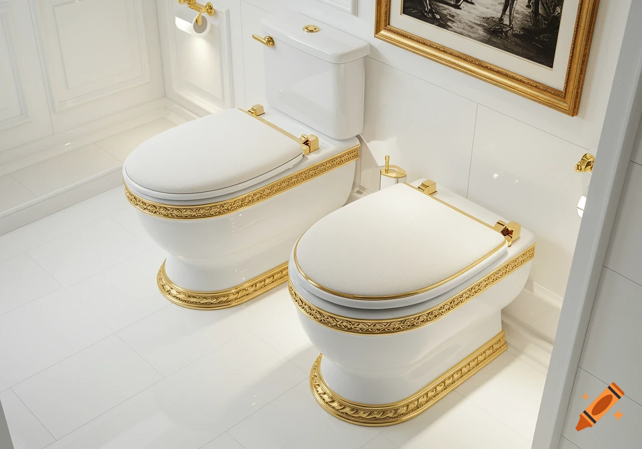 Two luxurious white and gold toilets in a bright, clean bathroom.