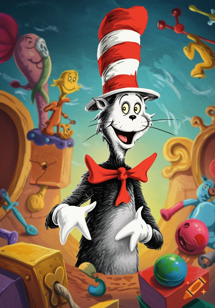 The Cat in the Hat stands in a whimsical, colorful scene with various characters and toys.