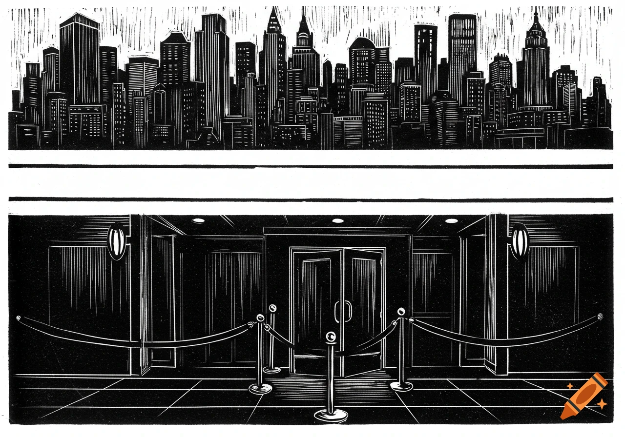 Linocut of a city skyline above a nightclub entrance with velvet rope.
