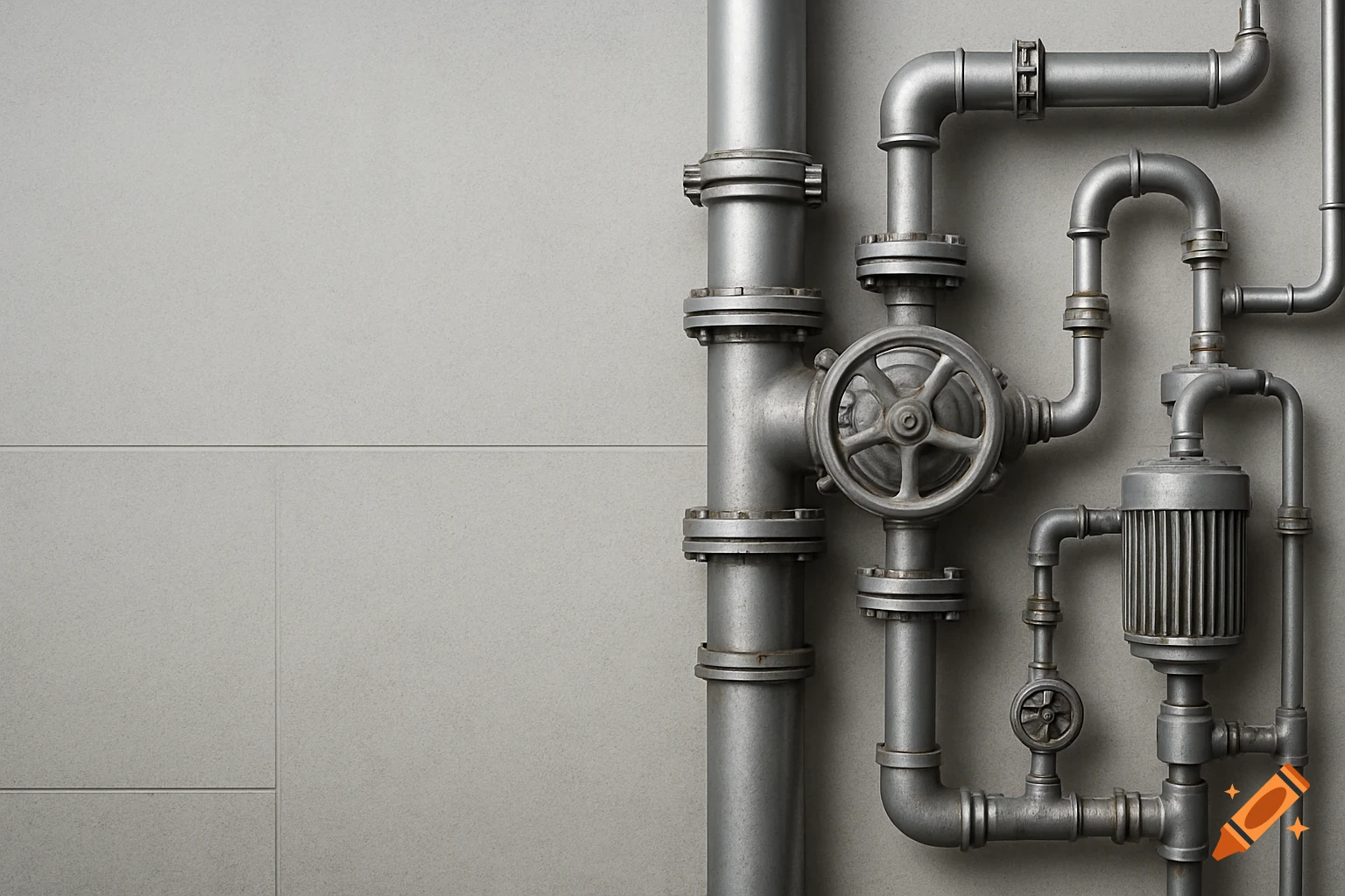Close-up view of silver industrial pipes, valves, and connectors on a grey wall.