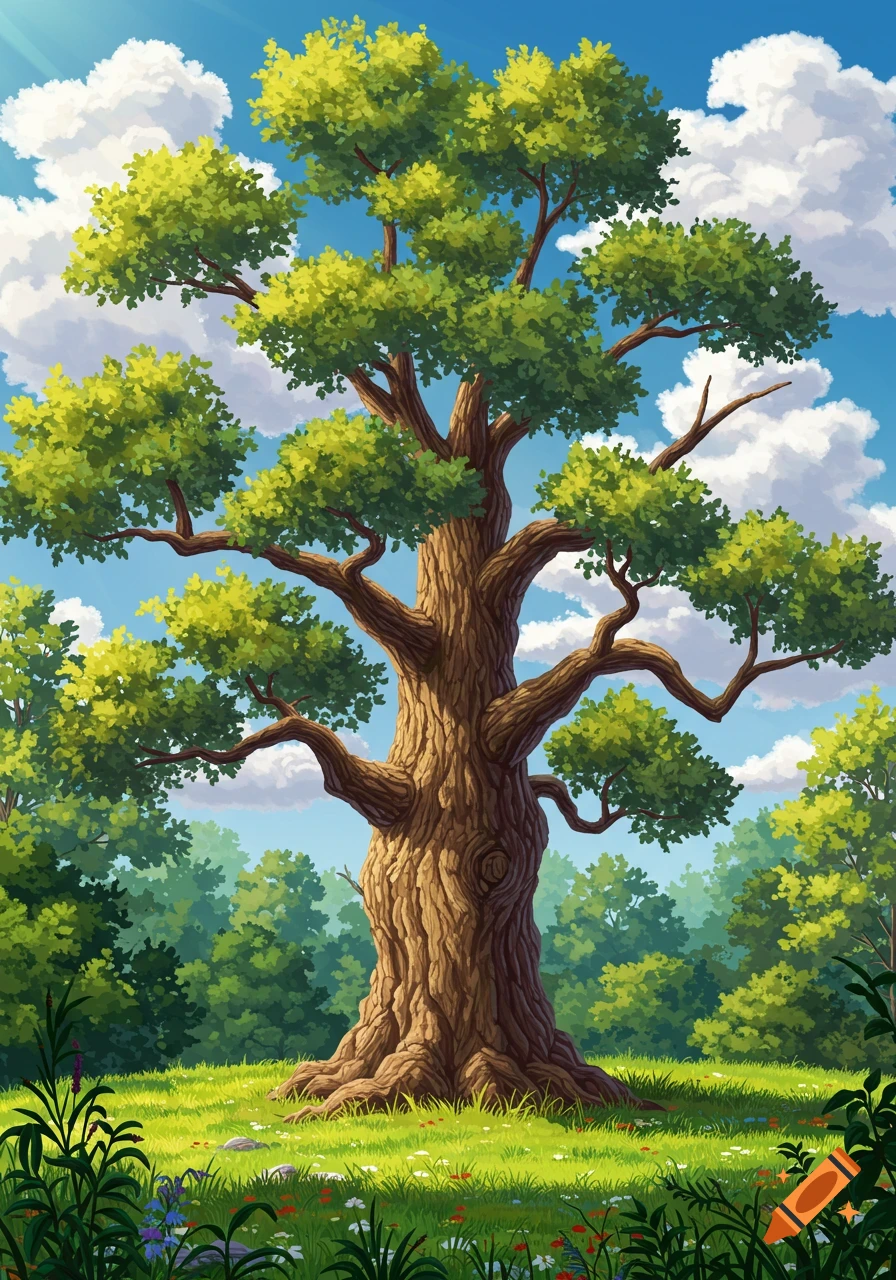 A large, old tree stands in a grassy field with a forest in the background and clouds in the sky.